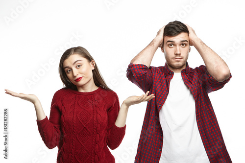 Принти на полотні Emotional stylish young male holding hands on head in panic, feeling stressed be
