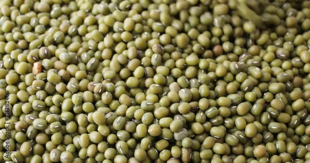 Stirring then selecting a spoonful of organic mung beans. Stirring then selecting a spoonful of organic mung beans.