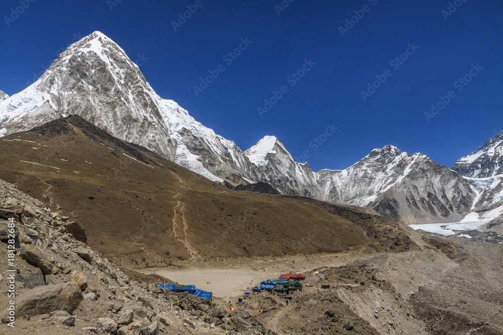 Gorak Shep village, mountains Kala Patthar and Pumo Ri. Everest 