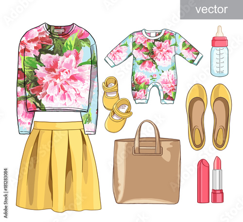 Vector. Lady fashion set of spring season outfit. Illustration stylish and trendy clothing. Dress, bag, accessories, sunglasses, high heel shoes.