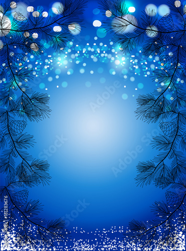 Blue Christmas background with snow and black pine spruces, sparkling winter vector background.