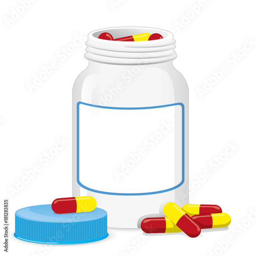 Illustration of object packaging open bottle with mirrored capsules. cosmetic, medicine, supplement. Ideal for catalogs, information and catalogs 2D packaging