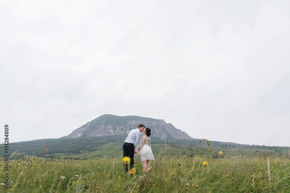 Newlyweds in the middle of a green field kiss on the background of a mountain