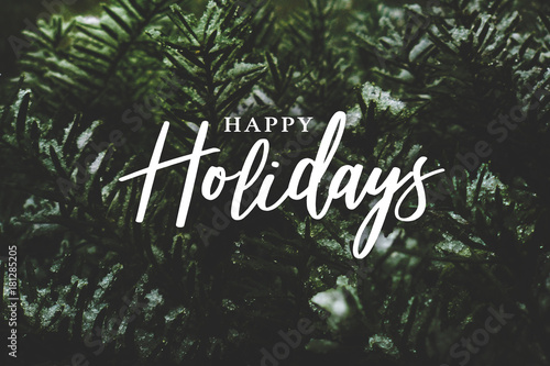 Happy Holidays Text Over Winter Evergreen Branches Covered in Snow photo