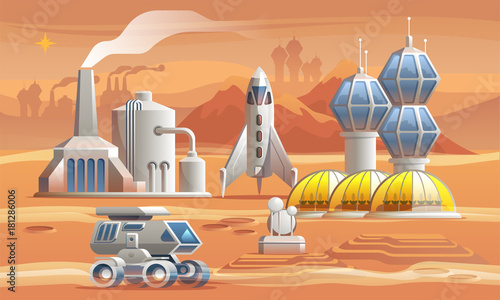 Human colonizators on Mars. Rover drives across the red planet near factory, greenhouse and spaceship