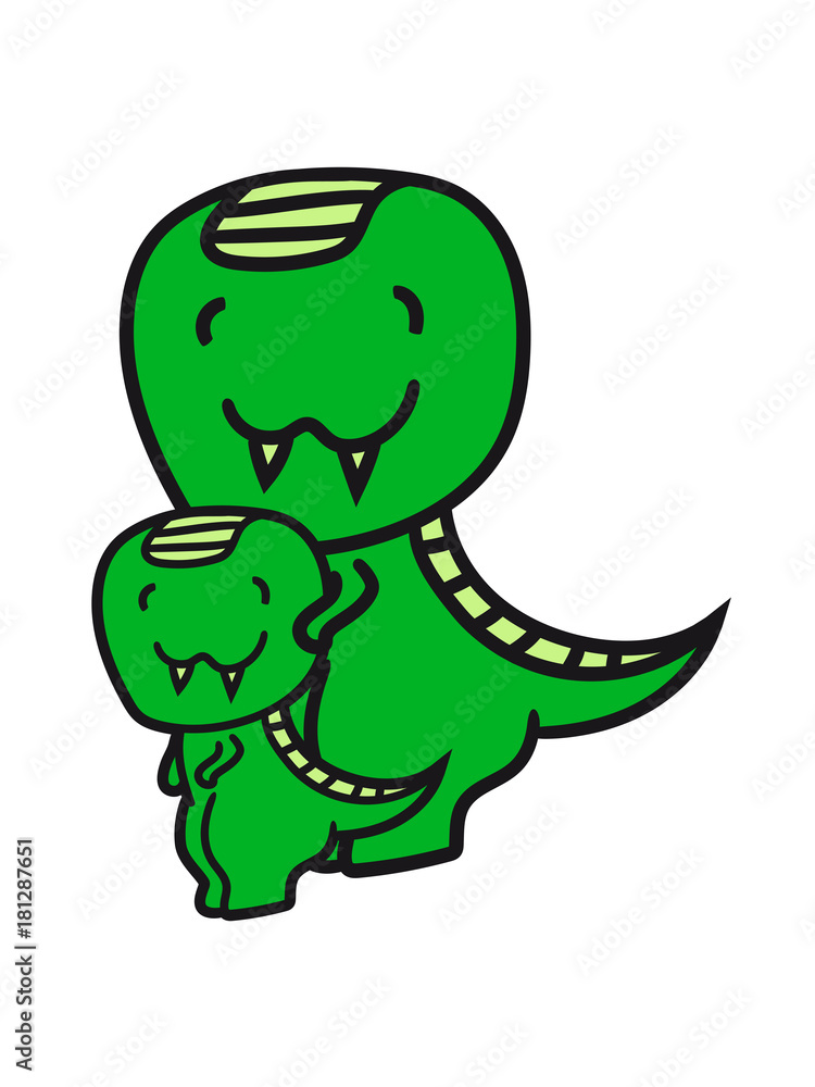 Obraz premium paar 2 freunde team kind junges mama papa t-rex rex böse fressen fleischfresser süß niedlich klein kinder groß comic cartoon dinosaurier saurier dino