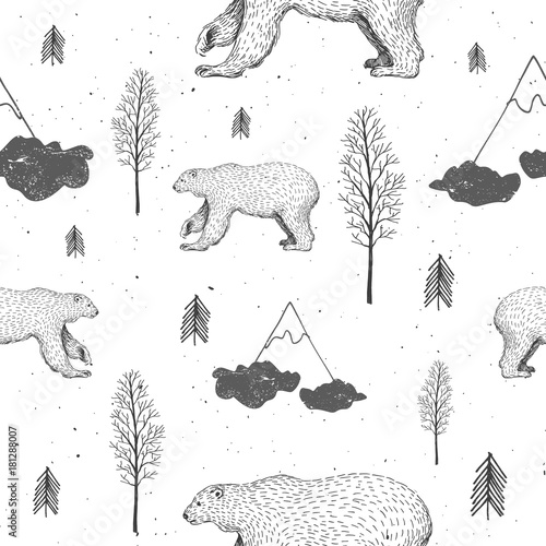 Vector seamless pattern with polar bear in forest. Hand drawn illustration with arctic animals and firs. Winter background. New Year and Christmas texture