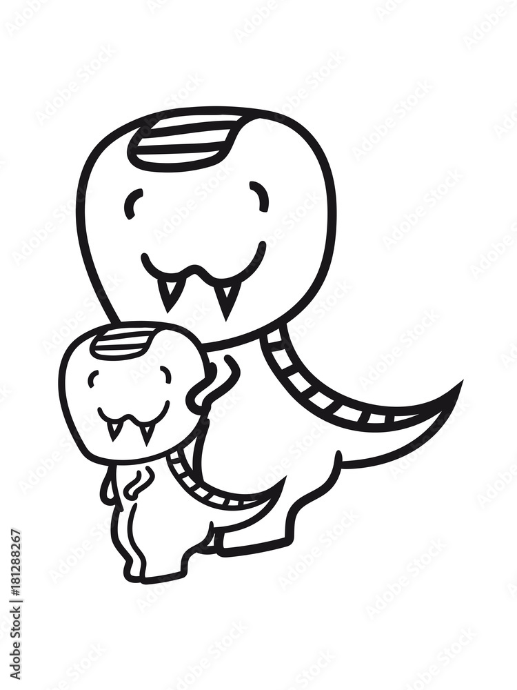 Fototapeta premium paar 2 freunde team kind junges mama papa t-rex rex böse fressen fleischfresser süß niedlich klein kinder groß comic cartoon dinosaurier saurier dino