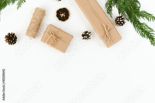 Flat lay Christmas composition with gift boxes