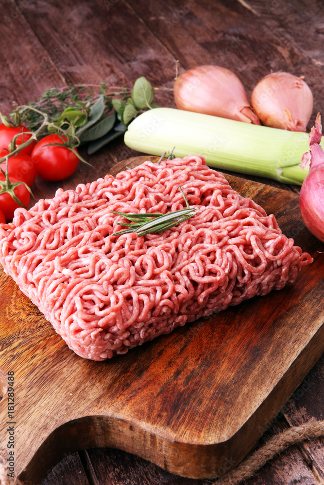 Raw pork and beef ground meat and vegetables Raw pork and beef ground meat and vegetables