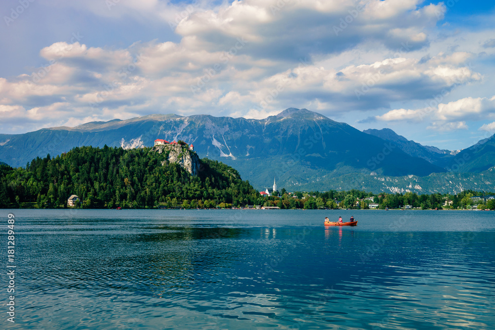 Colorful summer scene on the Bled lake with medieval castle Blejski grad. Slovenia, Europe.