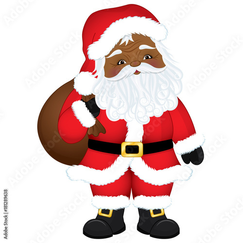 Vector Cute Cartoon African American Santa Claus with Sack