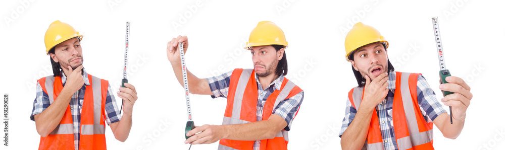 Construction worker with tape-line isolated on white Construction worker with tape-line isolated on white