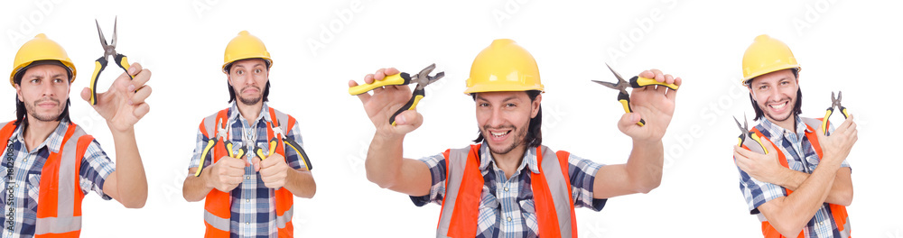 Young construction worker with nippers isolated on white Young construction worker with nippers isolated on white
