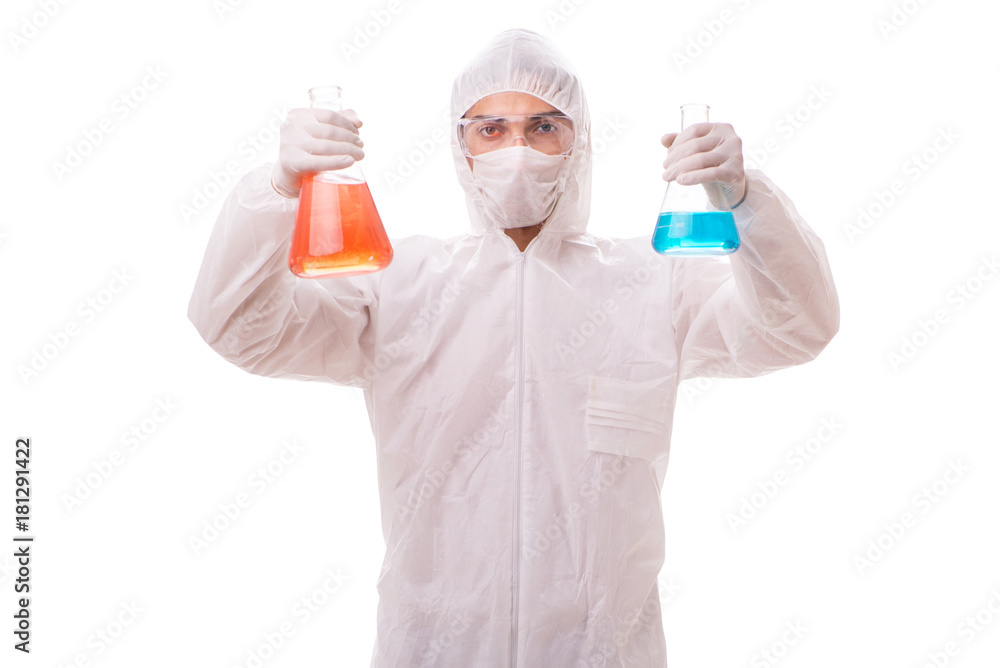 Chemist working with radioactive substances isolated on white ba