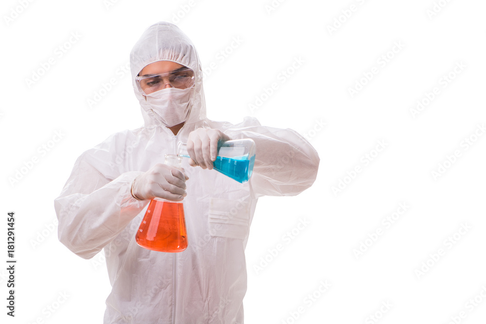 Chemist working with radioactive substances isolated on white ba Chemist working with radioactive substances isolated on white ba