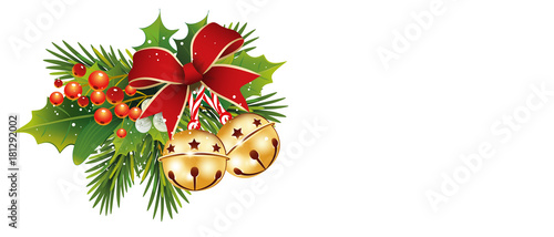 Weihnachtskarte Banner mit Tannenzweige, Schellen Glöckchen,
Ilex und Misteln Beeren, 
Weihnachtsbanner, 
Vektor Illustration isoliert auf weißem Hintergrund 