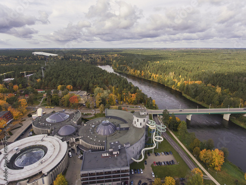 Aerial view over resort city Druskininkai in Lithuania, during Autumn season.