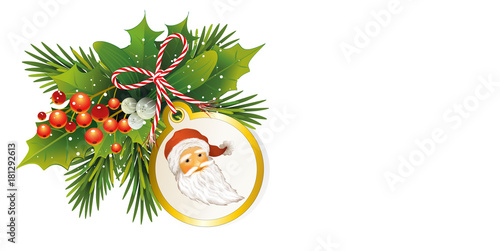 Weihnachtskarte mit Tannenzweige, Ilex und Misteln Beeren 
und Glocken Karte mit Weihnachtsmann,
Geschenkanhänger und Schleife, 
Vektor Illustration isoliert auf weißem Hintergrund