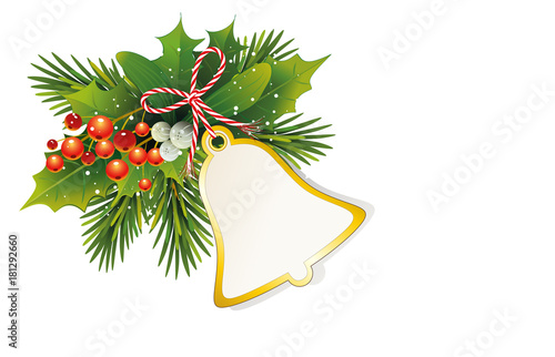Weihnachtskarte mit Tannenzweige, Ilex und Misteln Beeren 
und Glocken Karte zum selbst beschriften,
Geschenkanhänger und Schleife, 
Vektor Illustration isoliert auf weißem Hintergrund
