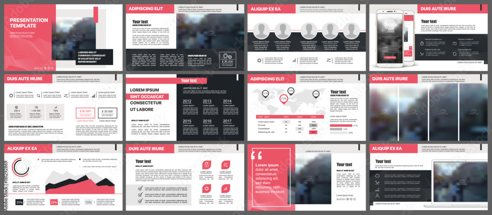 Red presentation templates elements on a white background. Vector infographics. Use in Presentation, flyer and leaflet, corporate report, marketing, advertising, annual report, banner. - obrazy, fototapety, plakaty 