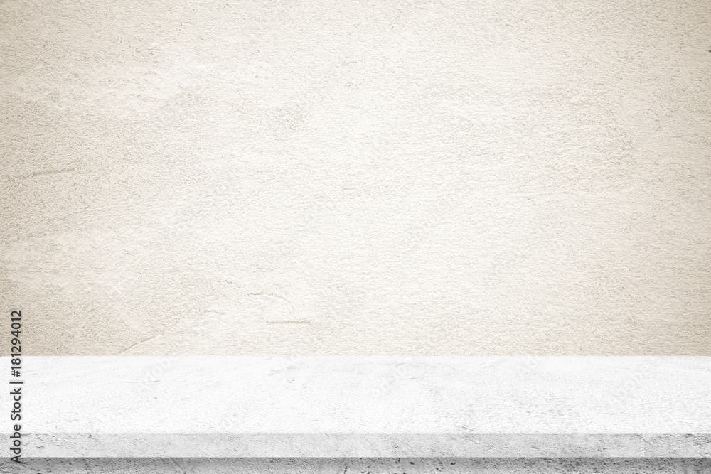 Fototapeta premium Empty white cement table over brown cement wall background, banner, table top, shelf, counter design for product display montage