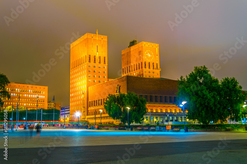 Photography Night view of the town hall in Oslo, Norway