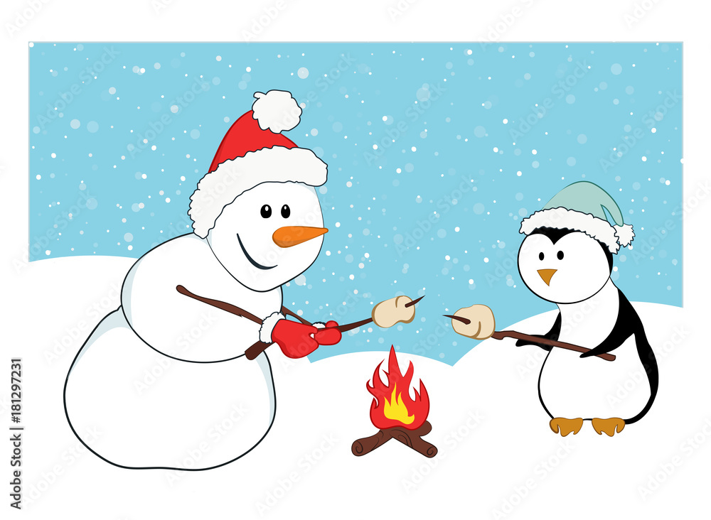 A snowman and a penguin roasting marshmallows. Cartoon characters with a snow background. A winter holidays concept.
