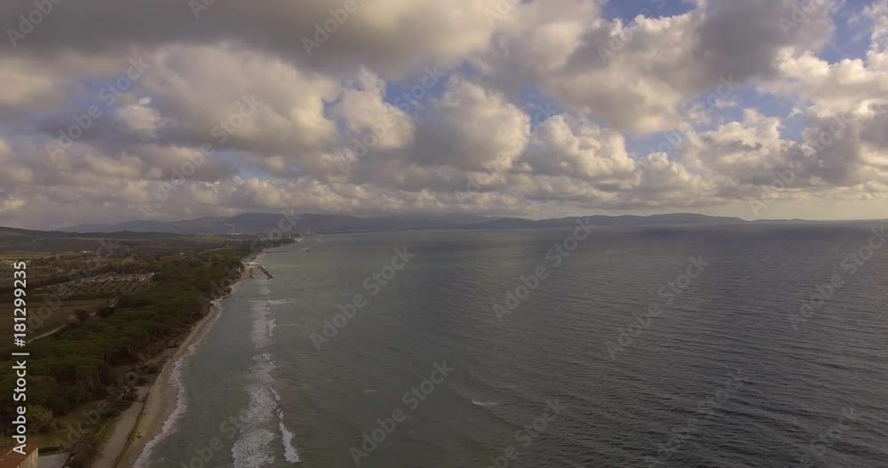 Aerial, a tower of a coastal fortification on the beach Aerial, a tower of a coastal fortification on the beach