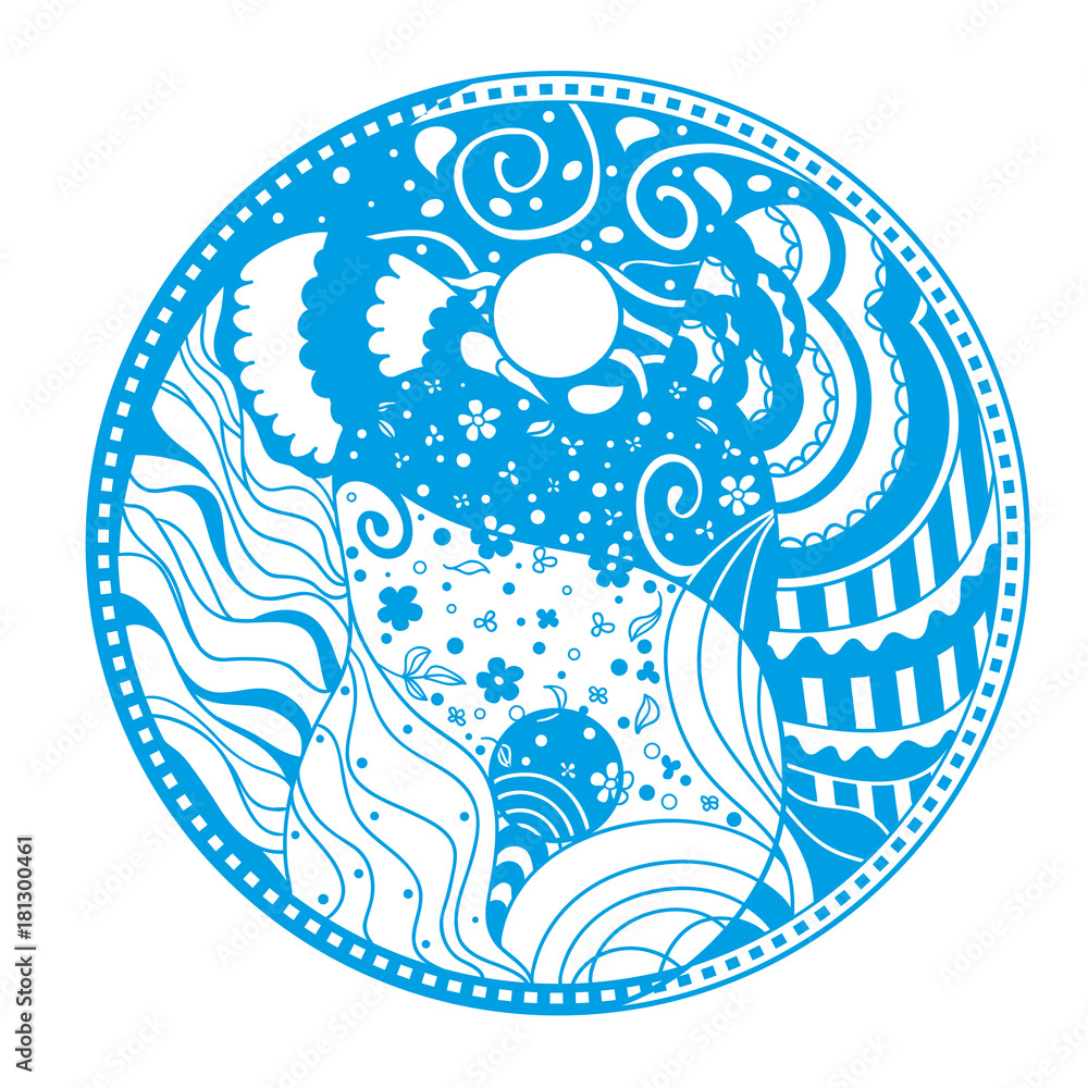 Yin and Yang. Zentangle. Hand drawn mandala on isolation background. Design for spiritual relaxation for adults. Line art creation. Outline for tattoo, printing on t-shirts, posters Yin and Yang. Zentangle. Hand drawn mandala on isolation background. Design for spiritual relaxation for adults. Line art creation. Outline for tattoo, printing on t-shirts, posters