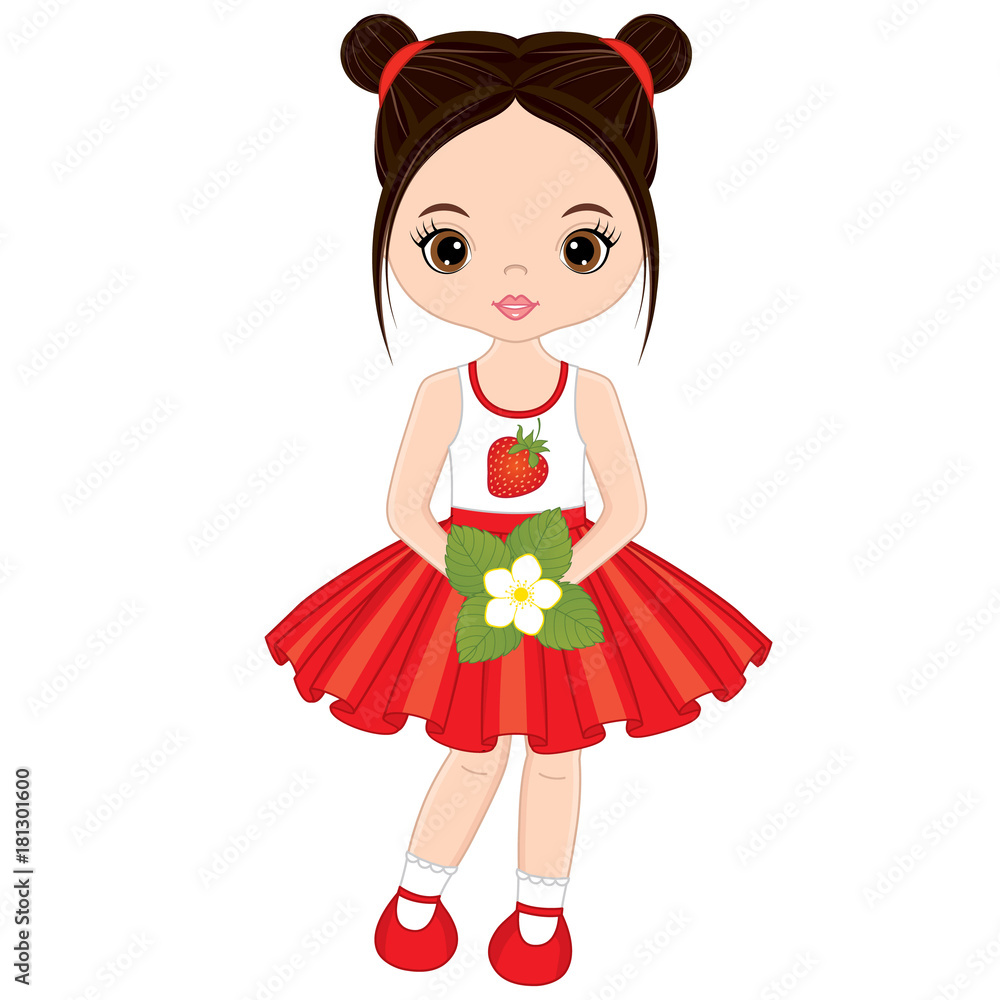 Vector Cute Little Girl with Strawberry Flower