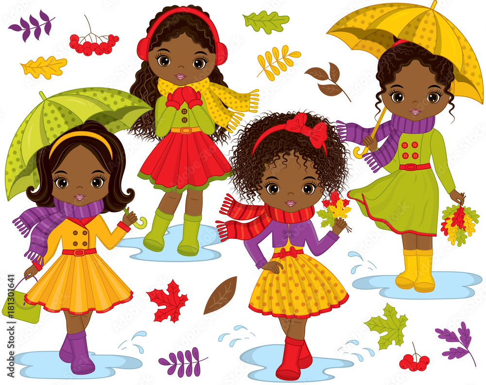Fototapeta Vector Set with Cute Little African American Girls and Autumn Elements