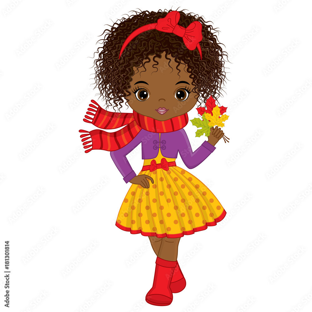 Vector Cute Little African American Girl with Autumn Leaves Stock ...