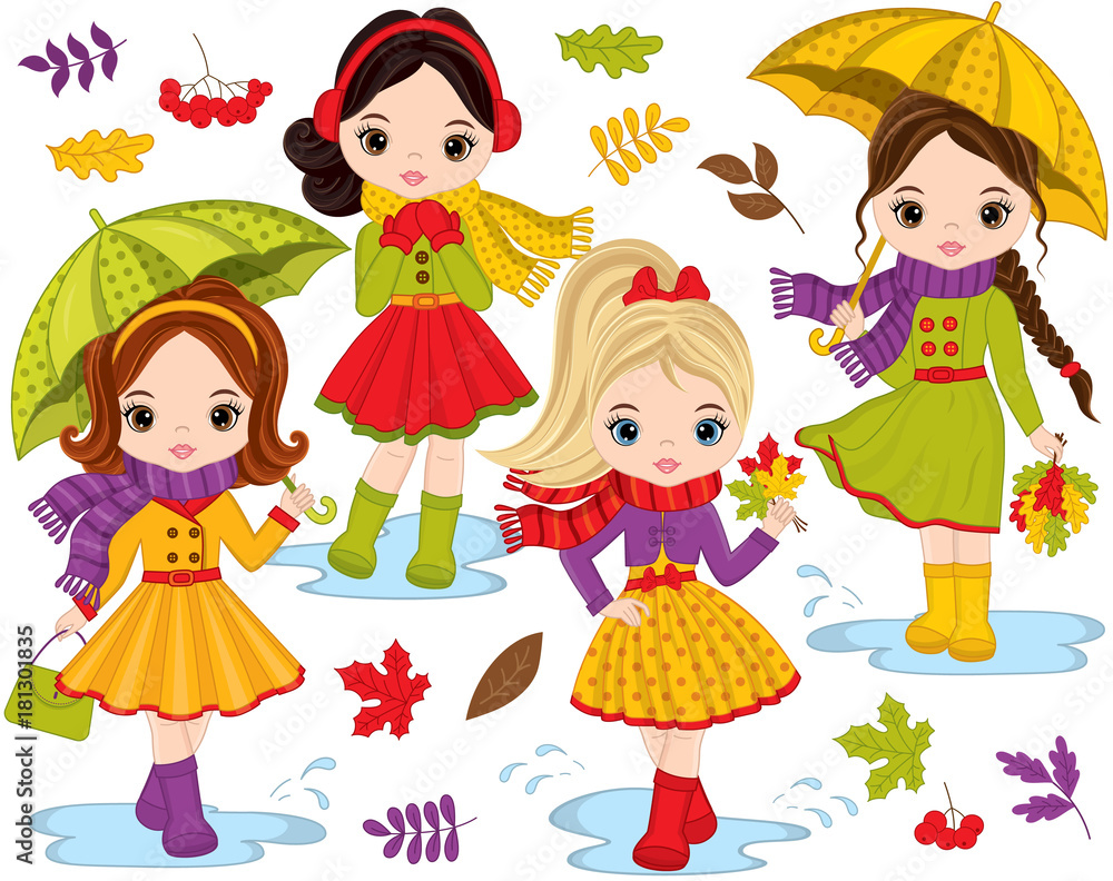 Fototapeta Vector Set with Cute Little Girls and Autumn Elements