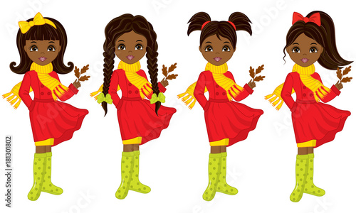 Vector Beautiful Young African American Girls with Autumn Oak Leaves