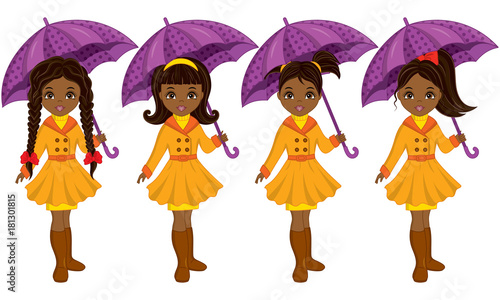 Vector Beautiful Young African American Girls with Umbrellas