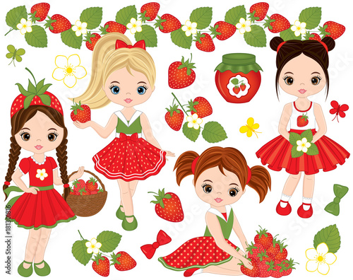 Vector set with Cute Little Girls and Strawberries