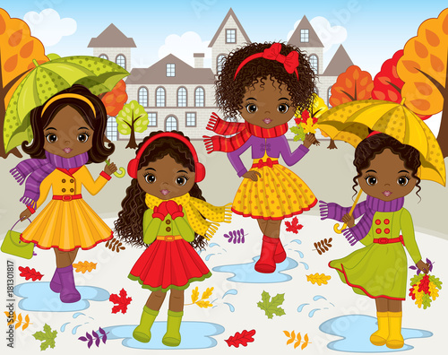 Vector Set with Cute Little African American Girls and Autumn Landscape  on Background