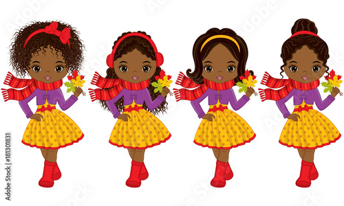 Vector Cute Little African American Girls with Autumn Leaves
