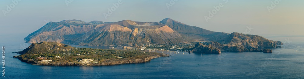 Panorama of the Island of Vulcano from Lipari in the Aeolian archipelago, Thyrrenian Sea, Sicily, Italy
