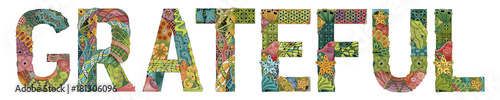 Word GRATEFUL with falling leaves. Vector decorative zentangle object