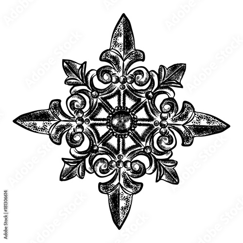 Hand drawn Christmas decoration snowflake star in baroque vintage design filigree isolated on white background. Sketch style holidays element. Vector.