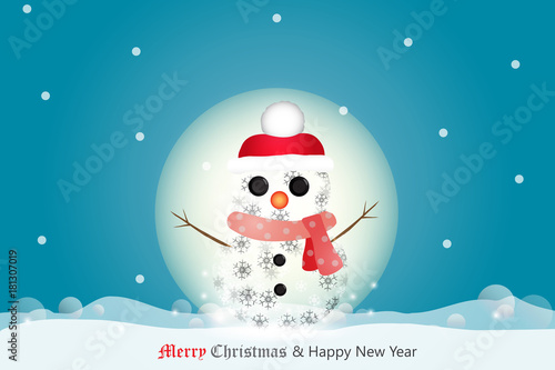 Merry Christmas and Happy New Year Greeting Card Background. Vector Design of snowman and decoration of winter and snow.    
