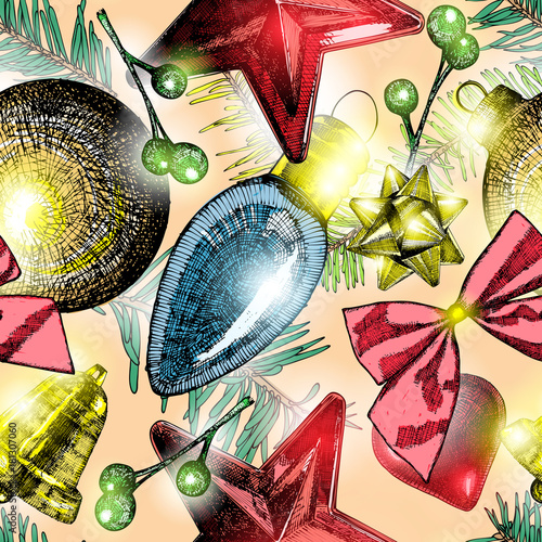 Luxury Christmas seamless pattern, gold, red, blue and green holiday winter elements with X mas pine tree twigs. Hand drawn color bubbles or balls. Vector.