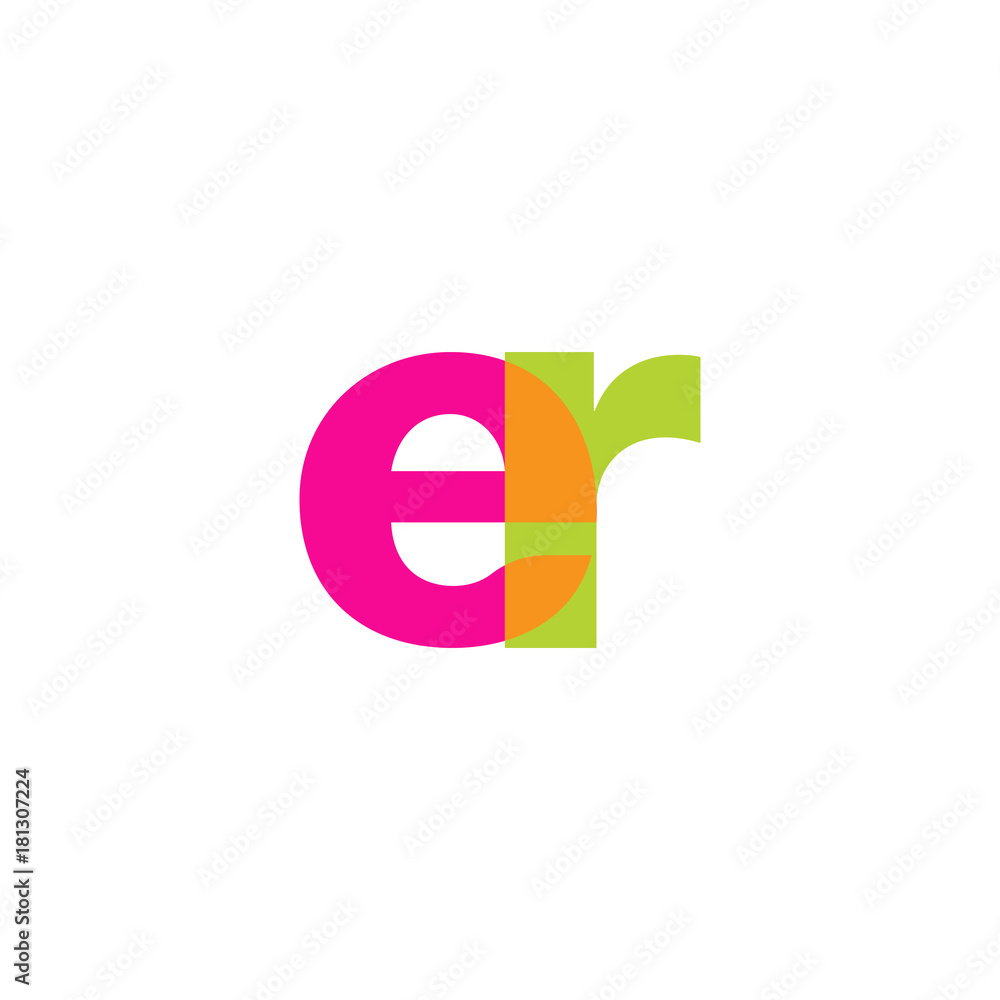Initial letter er, overlapping transparent lowercase logo, modern magenta orange green colors Initial letter er, overlapping transparent lowercase logo, modern magenta orange green colors