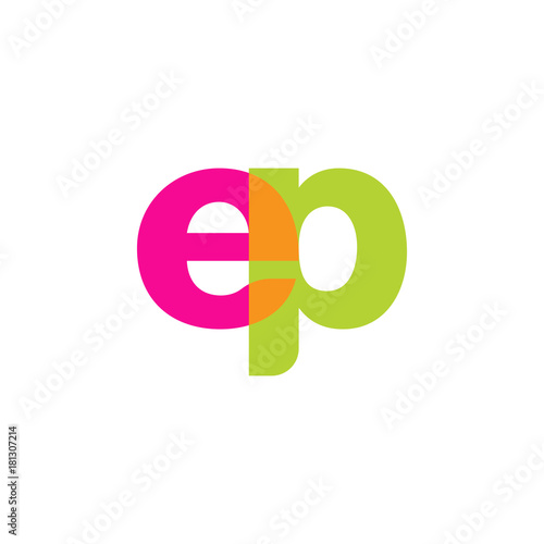 Initial letter ep, overlapping transparent lowercase logo, modern magenta orange green colors