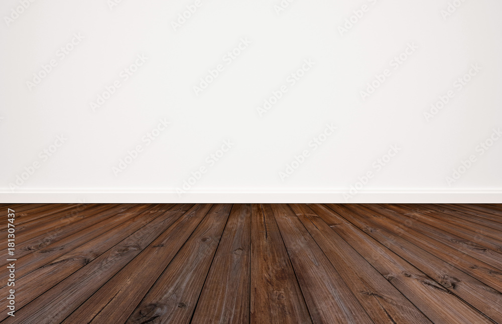 Dark wood floor with white wall bakground Dark wood floor with white wall bakground