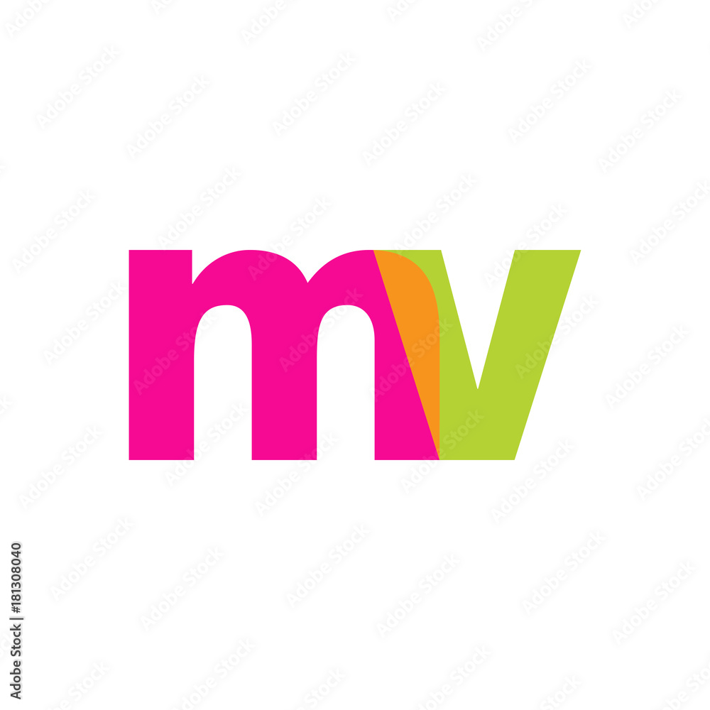 Initial letter mv, overlapping transparent lowercase logo, modern magenta orange green colors Initial letter mv, overlapping transparent lowercase logo, modern magenta orange green colors