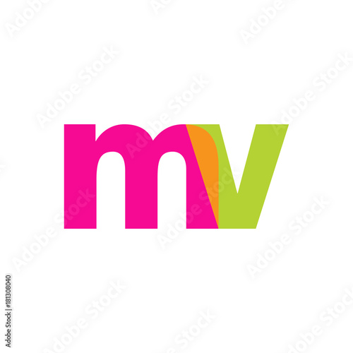 Initial letter mv, overlapping transparent lowercase logo, modern magenta orange green colors