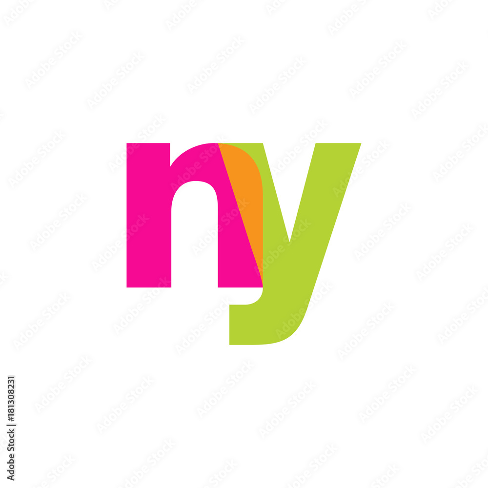 Initial letter ny, overlapping transparent lowercase logo, modern magenta orange green colors Initial letter ny, overlapping transparent lowercase logo, modern magenta orange green colors